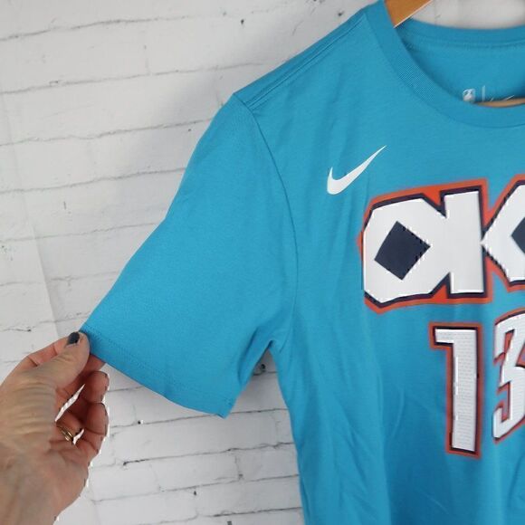 NIKE BLUE ATHLETIC CUT DRI FIT OKC THUNDER #13 PAUL GEORGE SHORT SLEEVE T SHIRT - Picture 5 of 10
